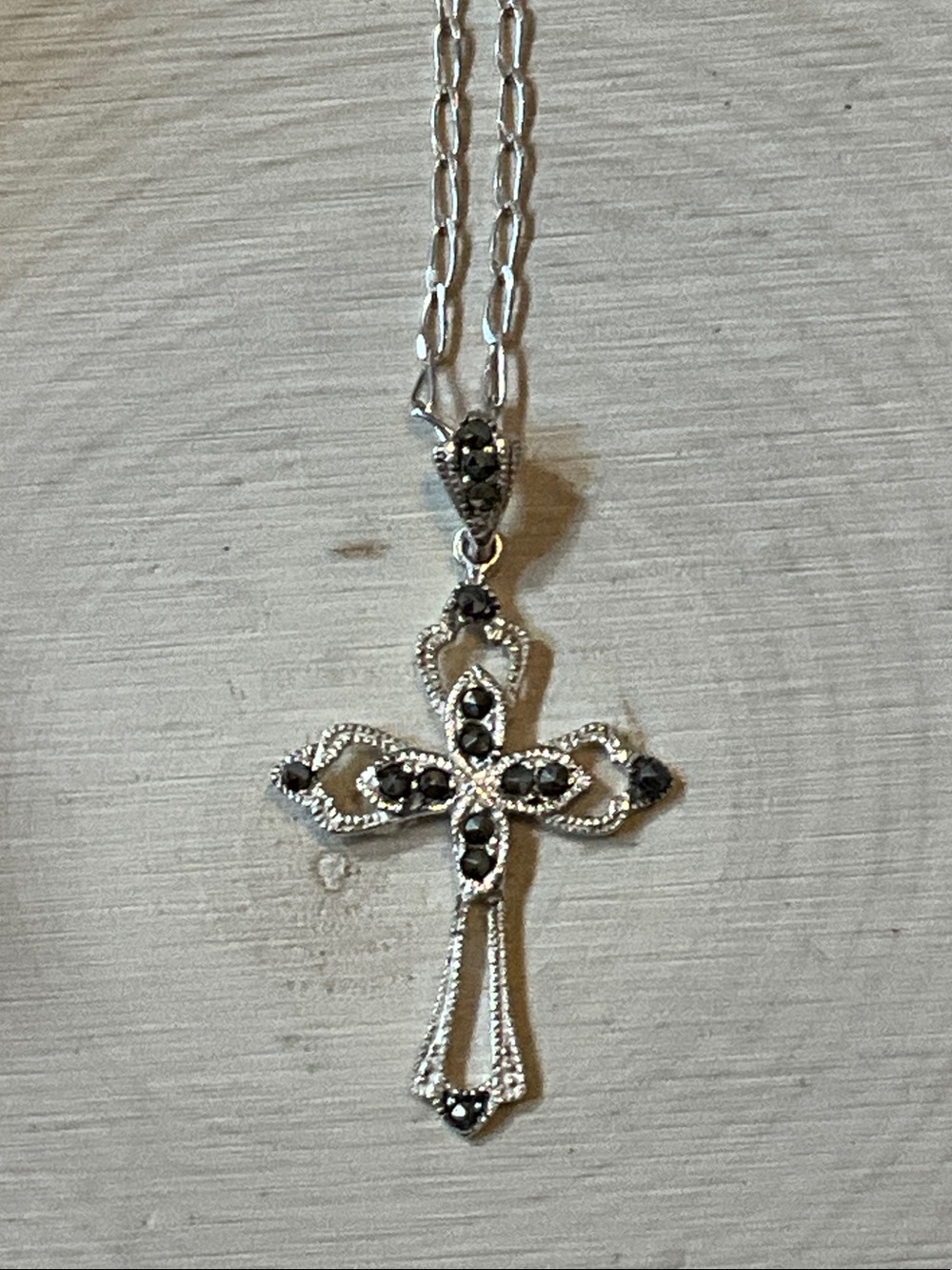 Sterling Silver Cross Pendant Necklace with Marcasite Gemstones
